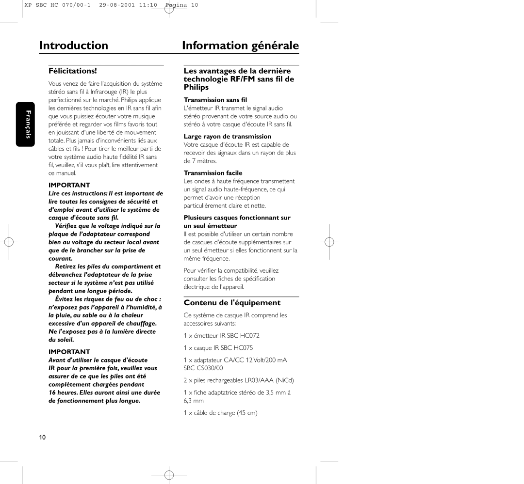 Philips HC 070 manual Introduction Information générale, Félicitations, Contenu de léquipement 