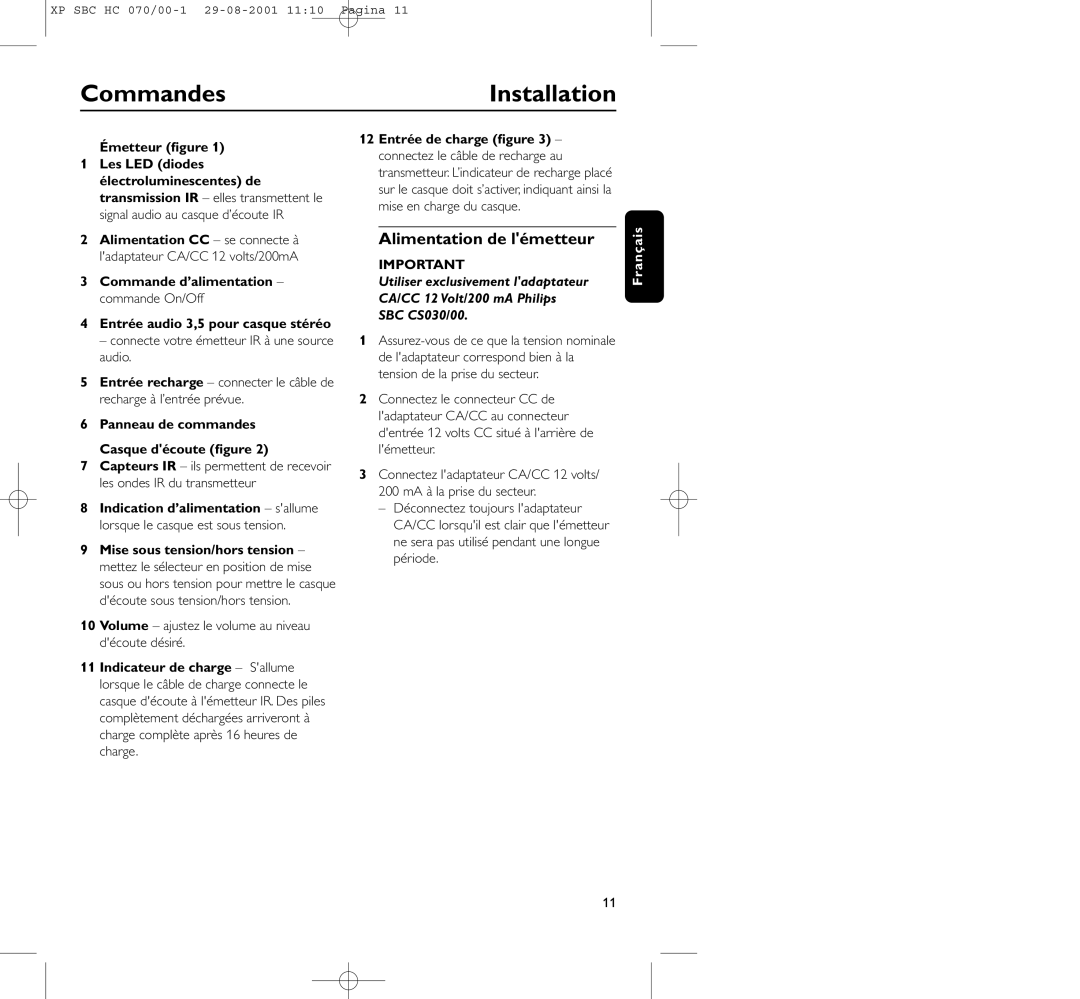 Philips HC 070 CommandesInstallation, Alimentation de lémetteur, Émetteur ﬁgure, Panneau de commandes Casque découte ﬁgure 