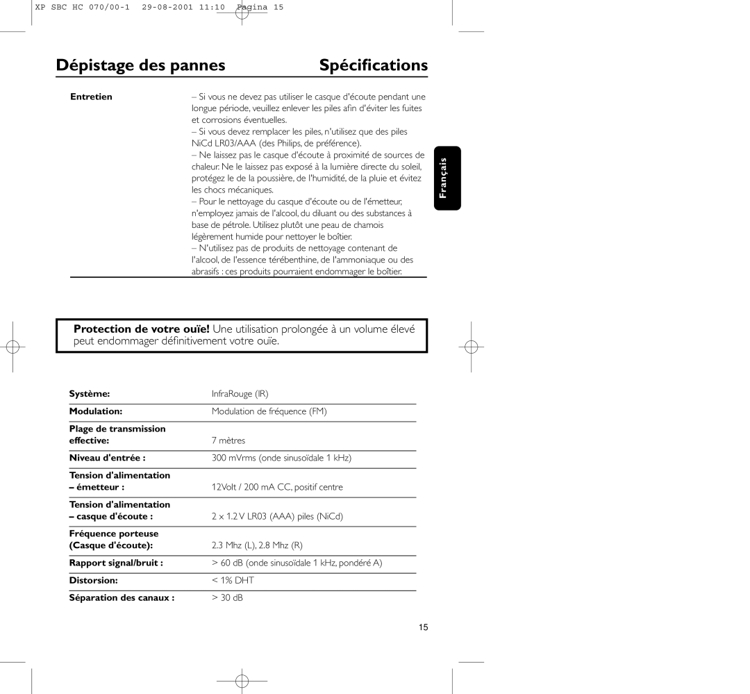 Philips HC 070 manual Spéciﬁcations, Entretien 