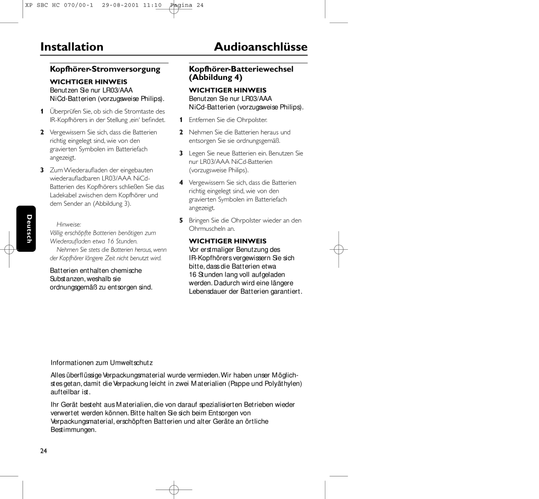 Philips HC 070 manual InstallationAudioanschlüsse, Kopfhörer-Stromversorgung, Informationen zum Umweltschutz 