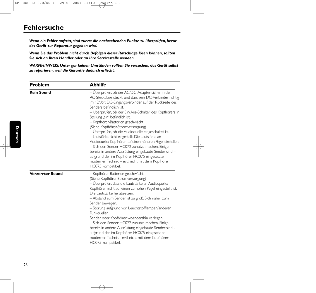 Philips HC 070 manual Fehlersuche, Problem Abhilfe, Kein Sound, Verzerrter Sound 