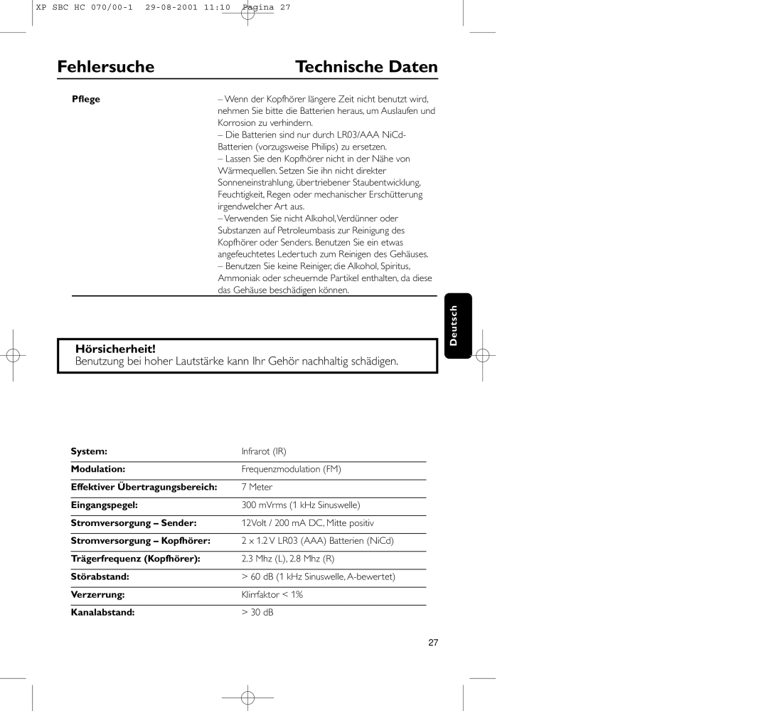 Philips HC 070 manual Technische Daten, Hörsicherheit 