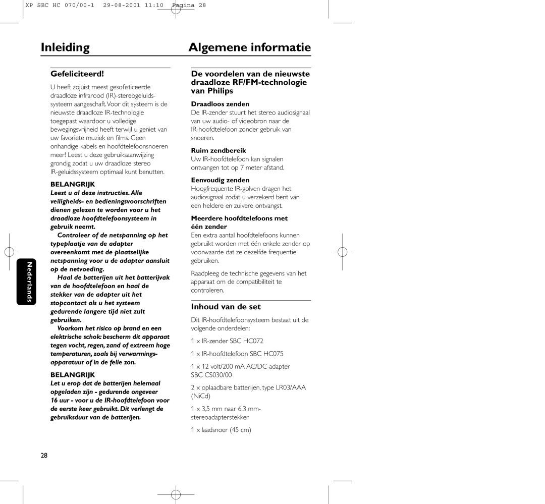 Philips HC 070 manual Inleiding Algemene informatie, Gefeliciteerd, Inhoud van de set, Belangrijk 