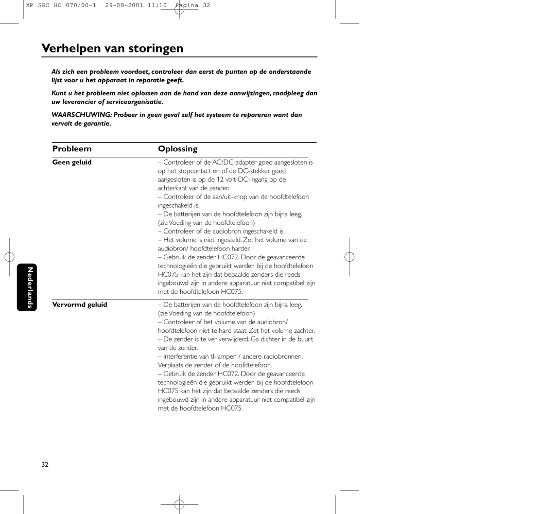 Philips HC 070 manual Verhelpen van storingen, Probleem Oplossing, Geen geluid, Vervormd geluid 