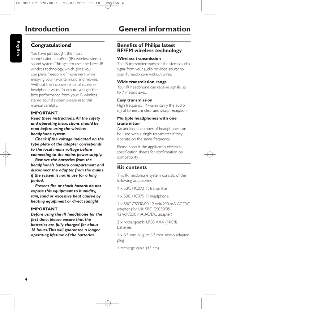 Philips HC 070 manual Introduction General information, Congratulations, Kit contents 