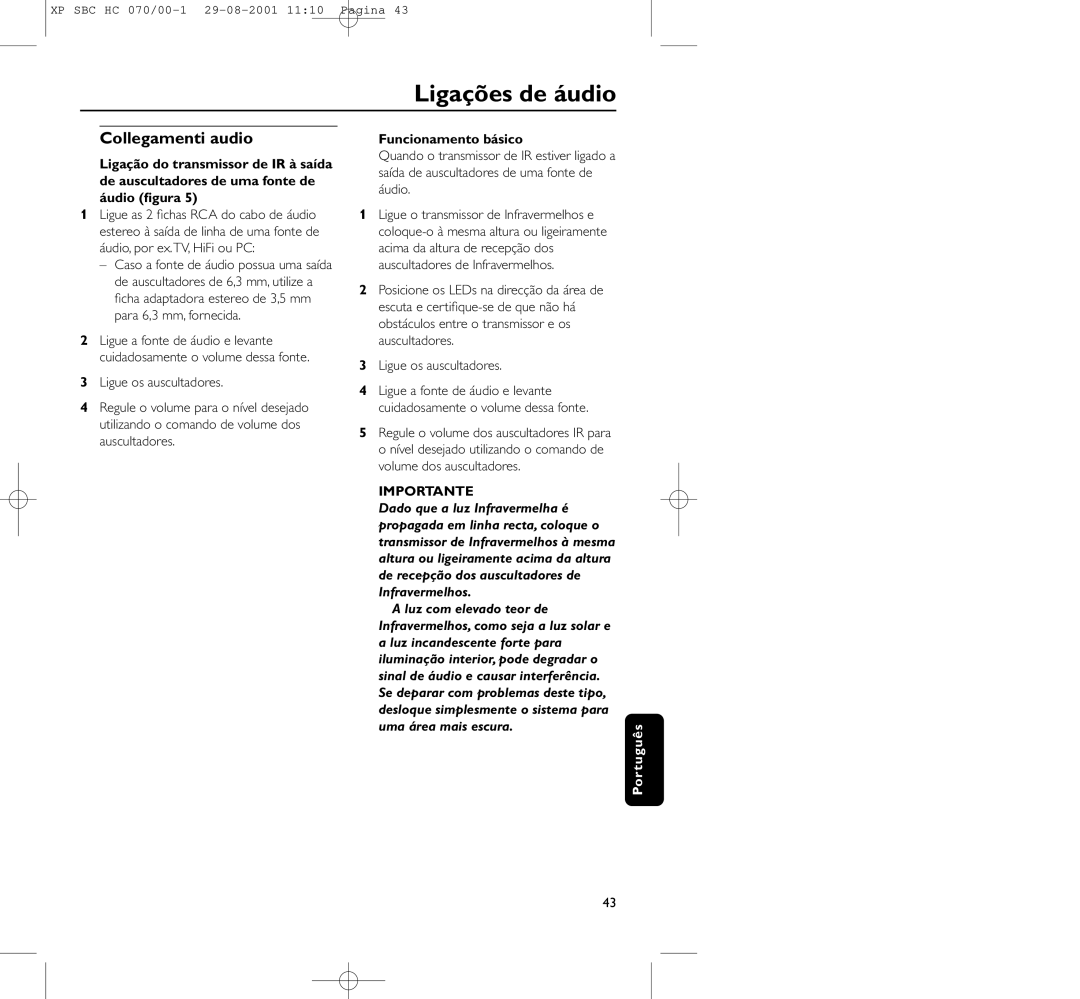 Philips HC 070 manual Ligações de áudio, Funcionamento básico 