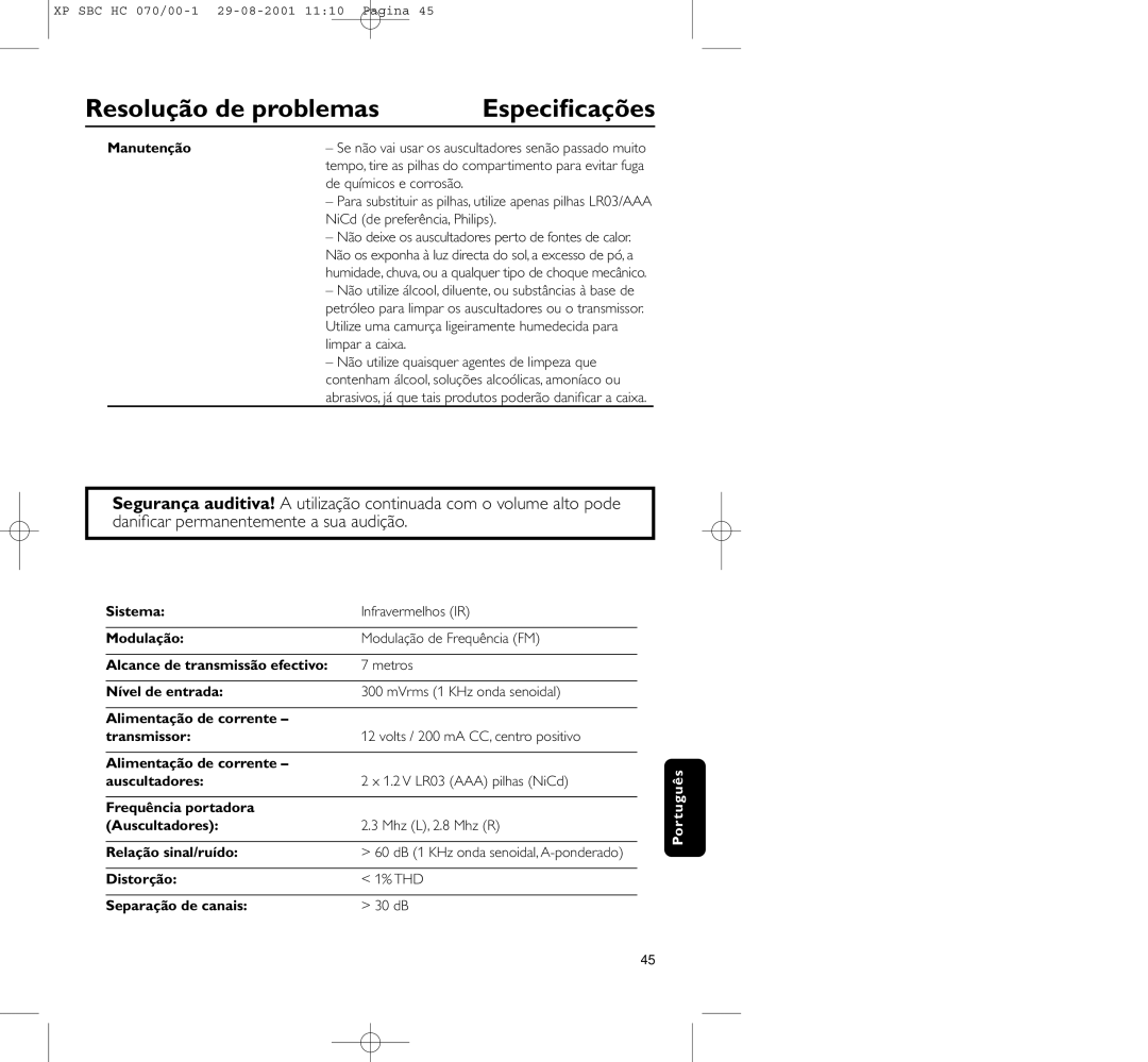 Philips HC 070 manual Especiﬁcações, Manutenção, NiCd de preferência, Philips, Distorção THD Separação de canais 30 dB 