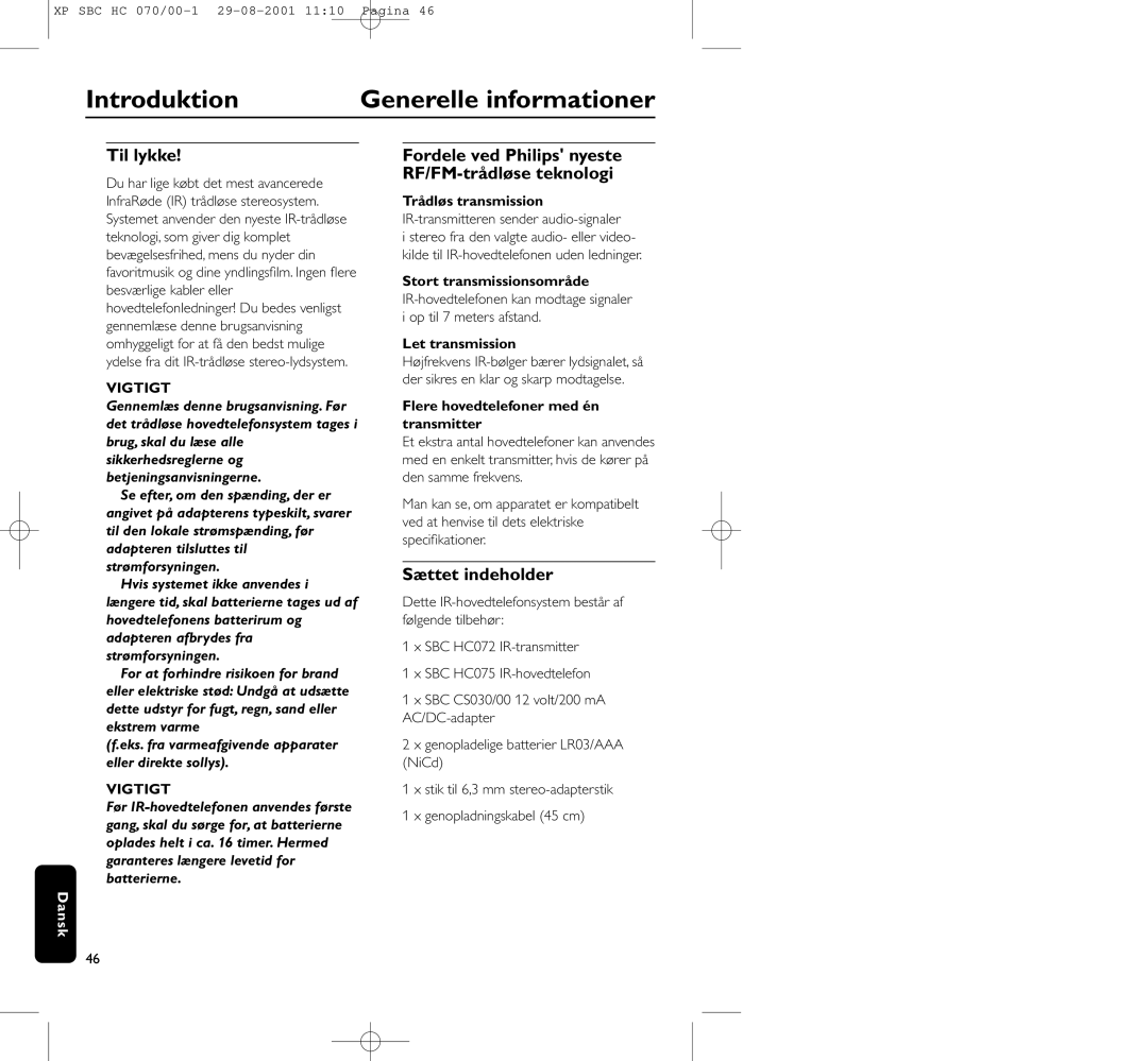 Philips HC 070 manual Introduktion Generelle informationer, Til lykke, Sættet indeholder, Vigtigt 