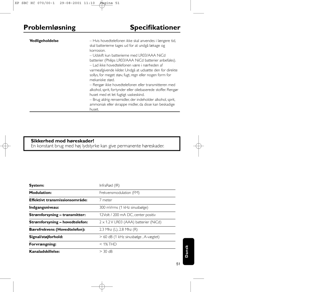 Philips HC 070 manual Speciﬁkationer, Sikkerhed mod høreskader 