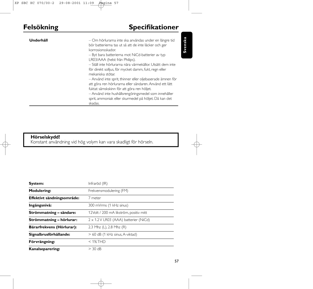 Philips HC 070 manual Speciﬁkationer, Hörselskydd 