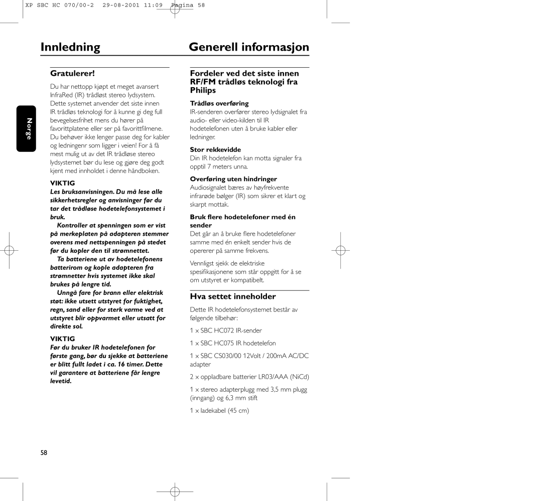 Philips HC 070 manual Innledning Generell informasjon, Gratulerer, Hva settet inneholder, Viktig 