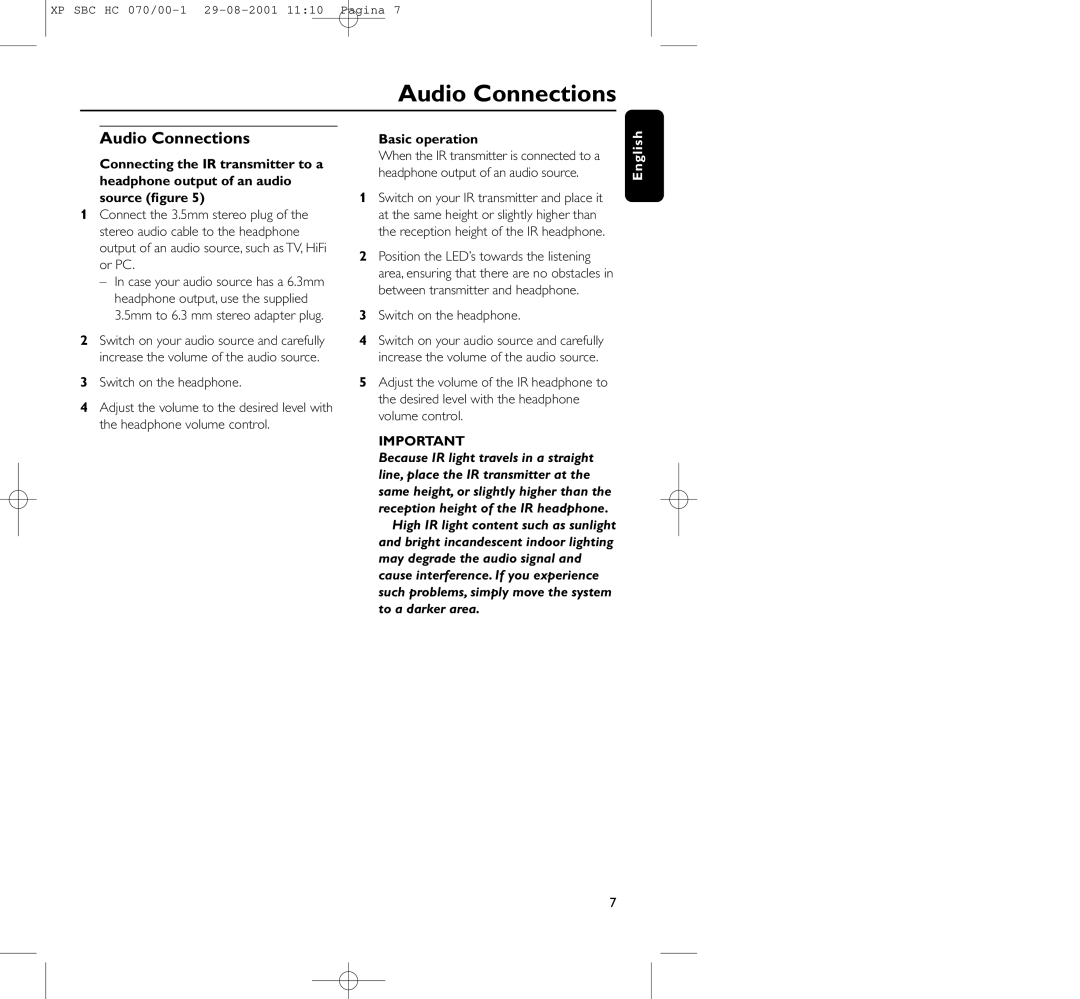 Philips HC 070 manual Audio Connections, Basic operation, Switch on the headphone 