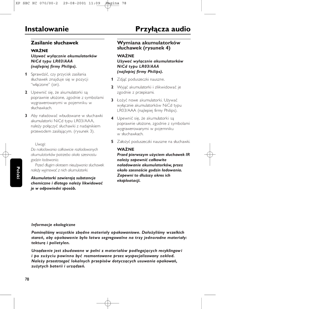 Philips HC 070 manual Przyłącza audio, Zasilanie słuchawek, Wymiana akumulatorków słuchawek rysunek, Informacje ekologiczne 