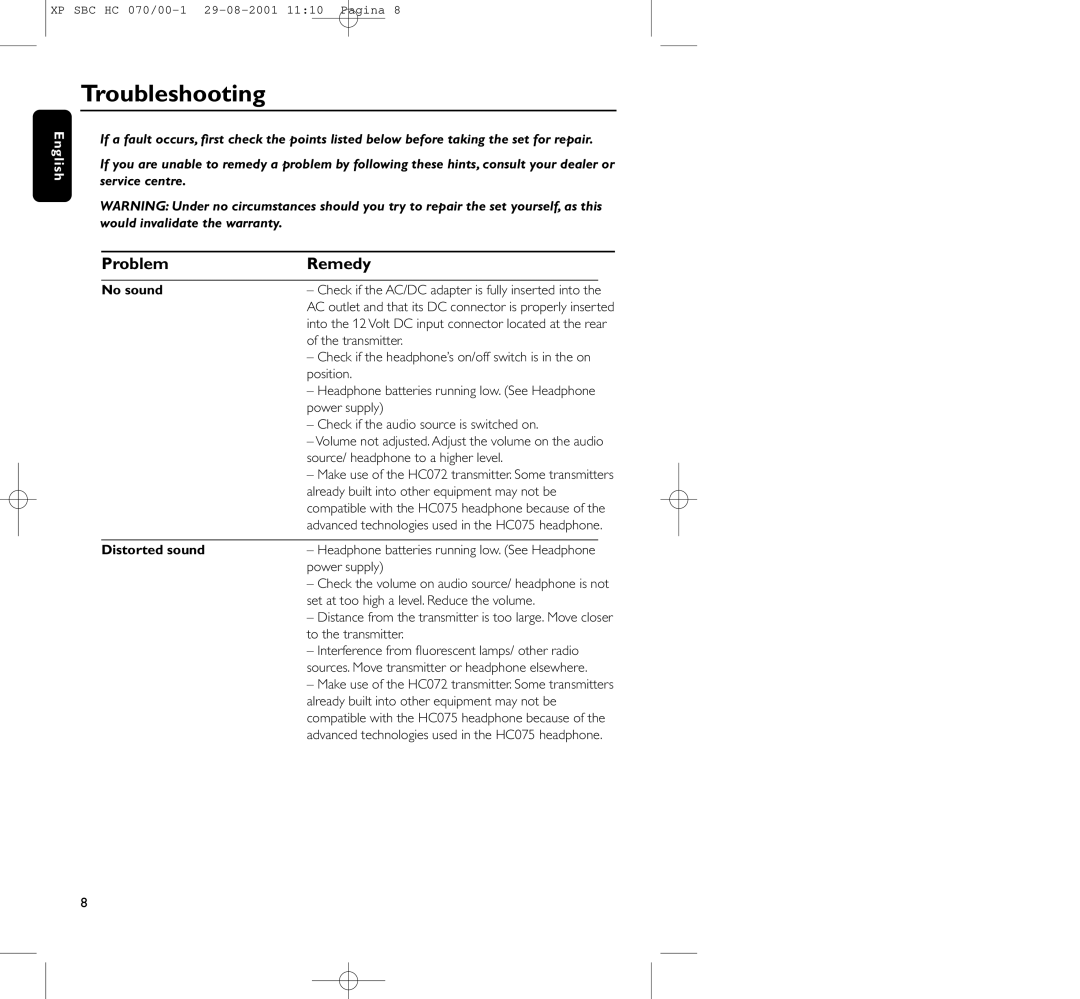 Philips HC 070 manual Troubleshooting, Problem Remedy, No sound, Distorted sound 