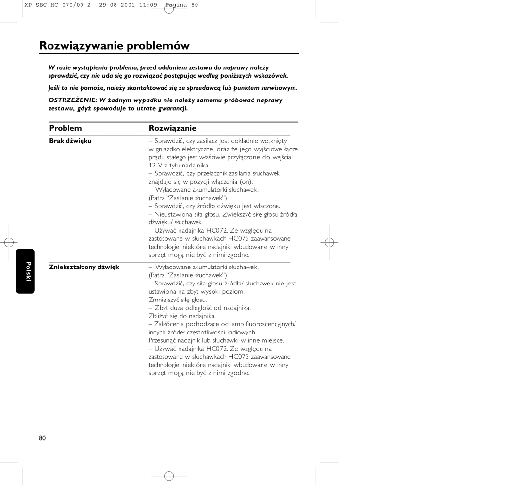 Philips HC 070 manual Rozwiązywanie problemów, Problem Rozwiązanie, Brak dźwięku, Zniekształcony dźwięk 