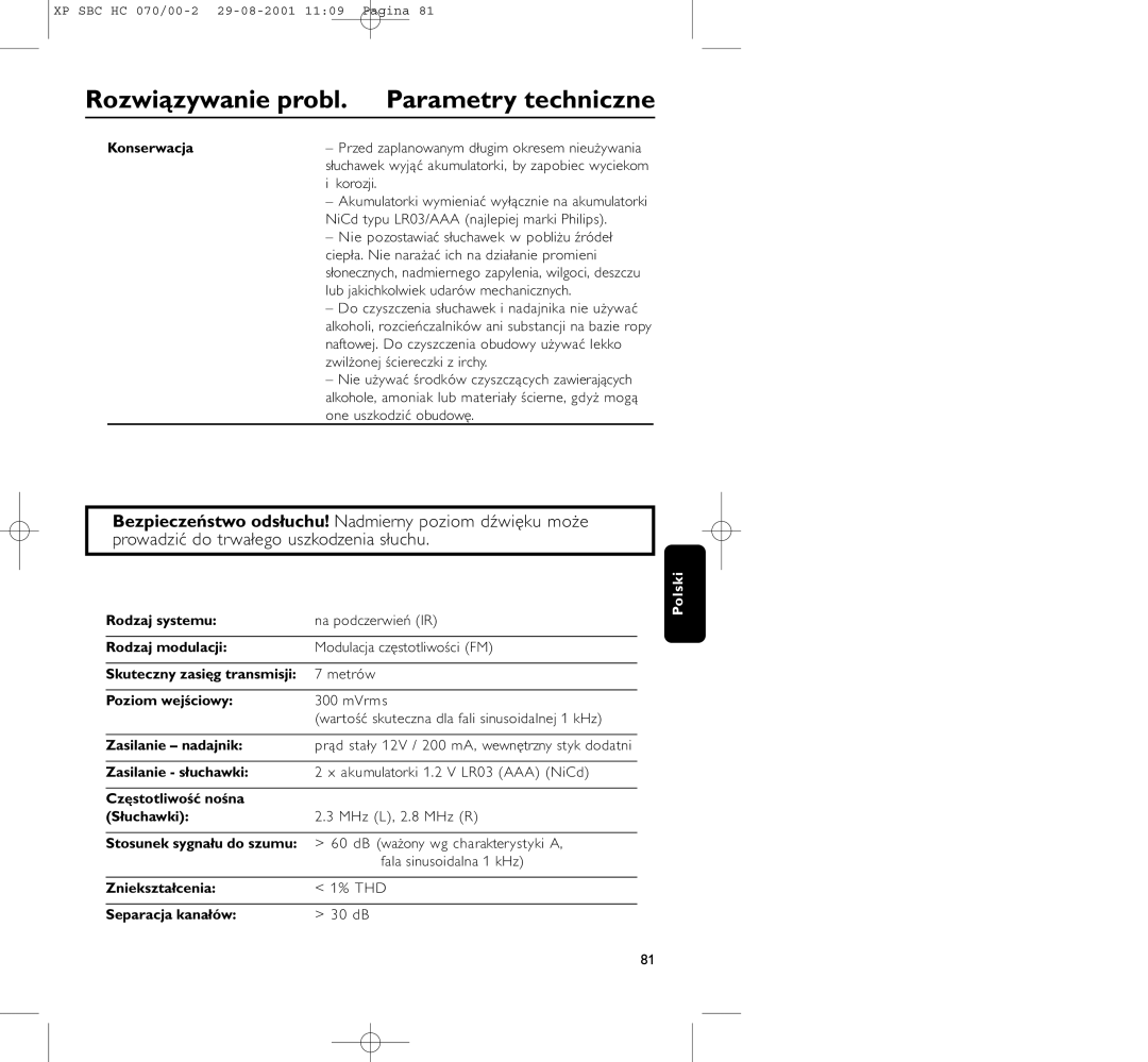 Philips HC 070 manual Rozwiązywanie probl. Parametry techniczne 