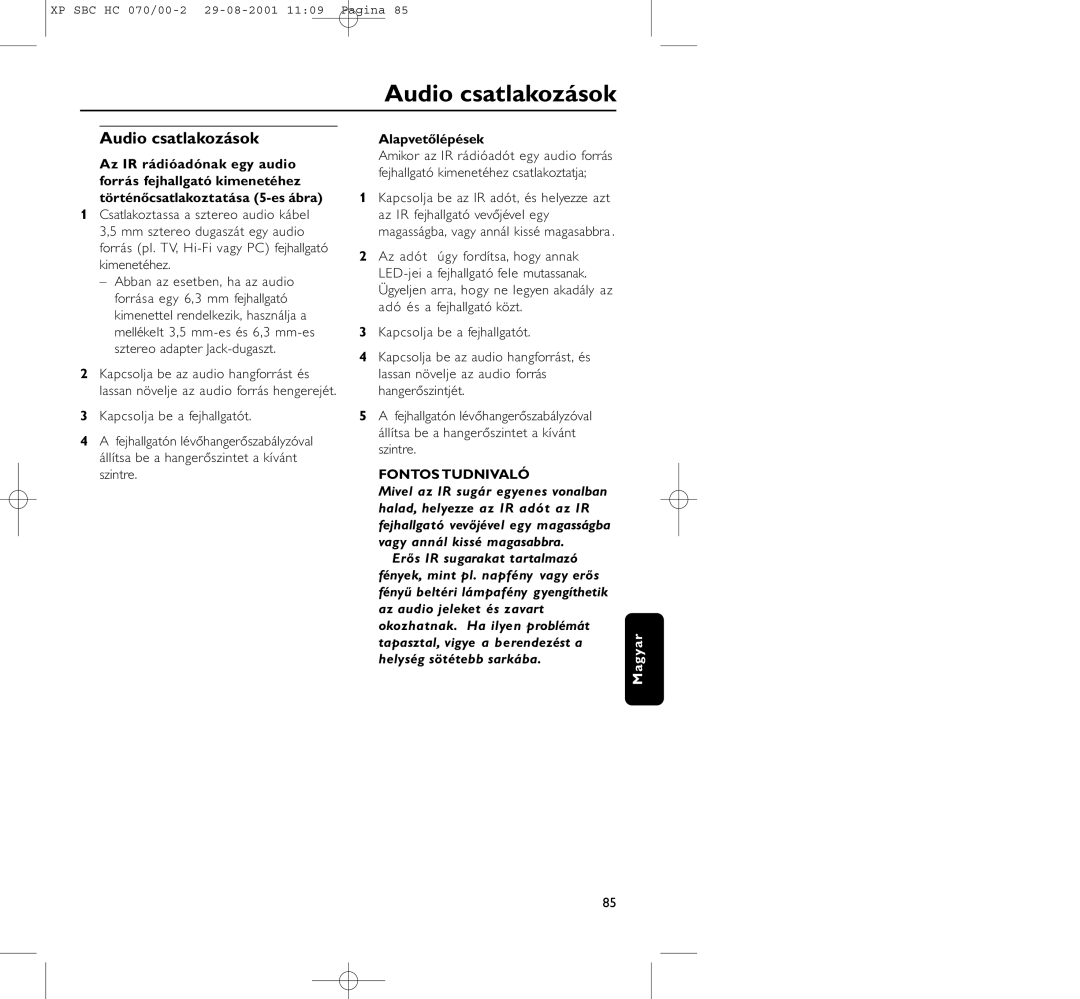 Philips HC 070 manual Audio csatlakozások, Alapvetőlépések 