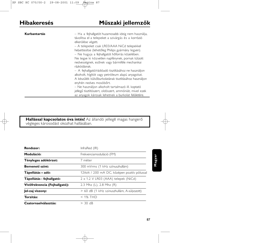 Philips HC 070 manual Hibakeresés Műszaki jellemzők, Karbantartás 