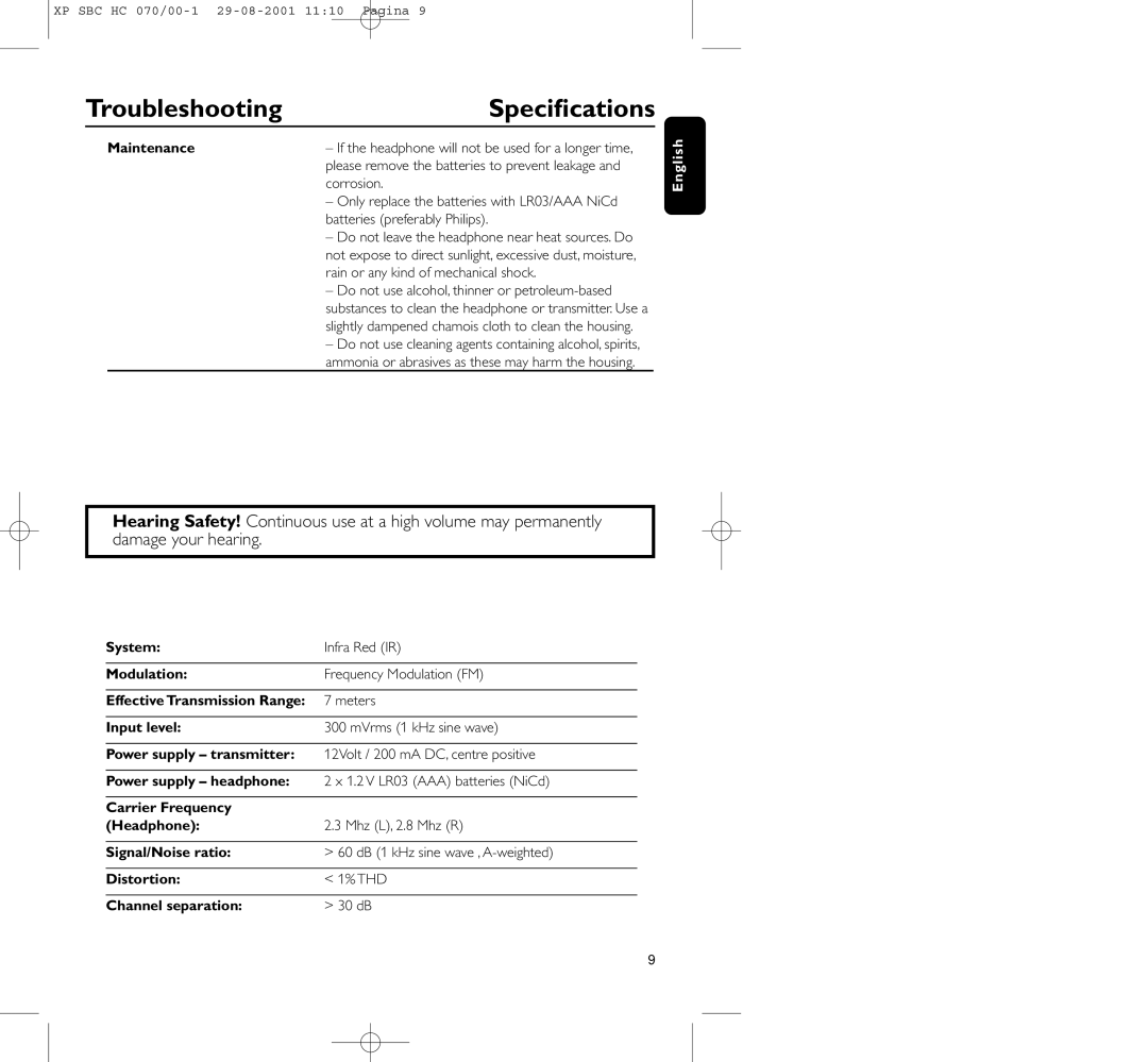 Philips HC 070 manual Speciﬁcations, Maintenance 