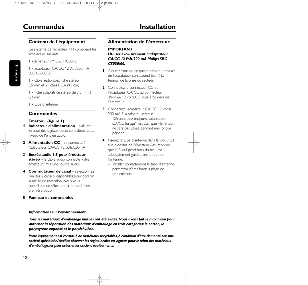 Philips HC 8372 manual CommandesInstallation, Contenu de léquipement, Alimentation de lémetteur, Panneau de commandes 