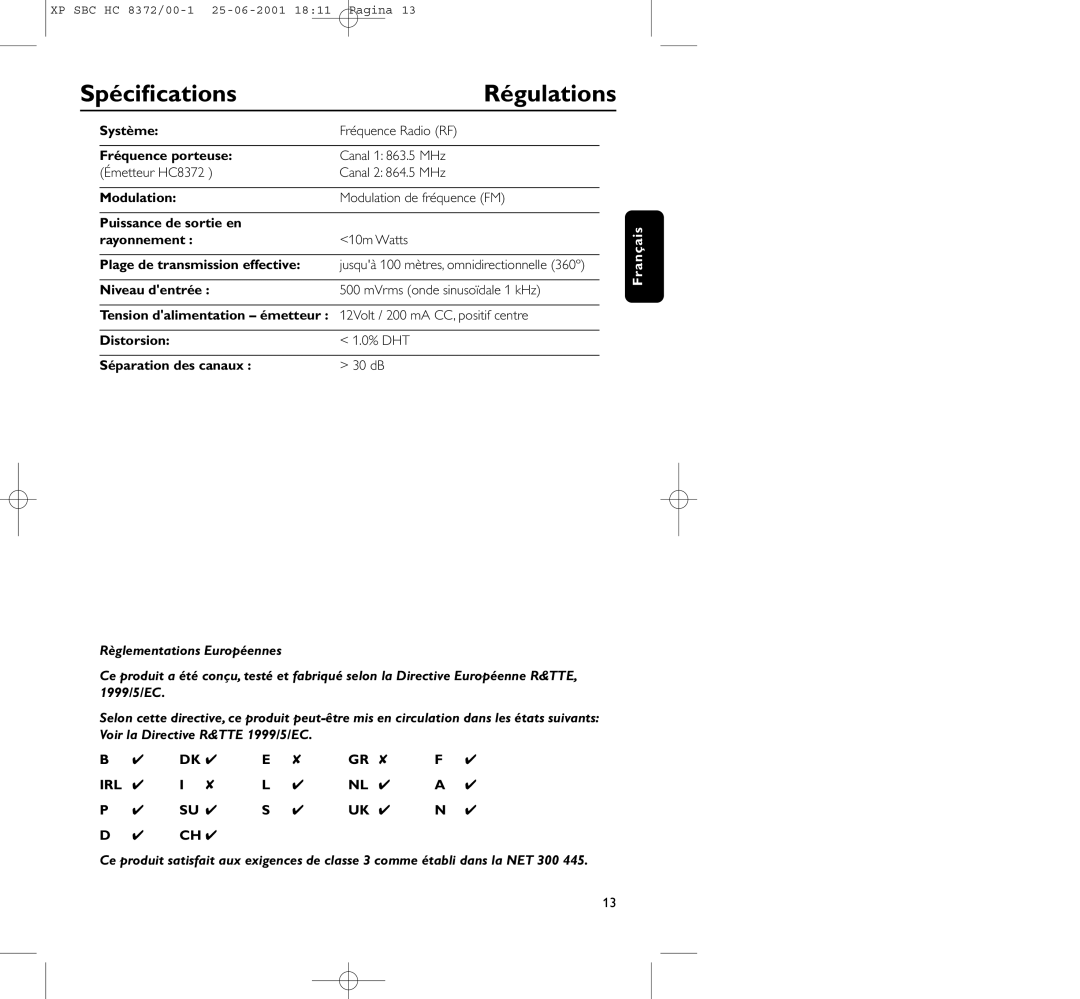 Philips HC 8372 manual Spéciﬁcations, Régulations, Irl 