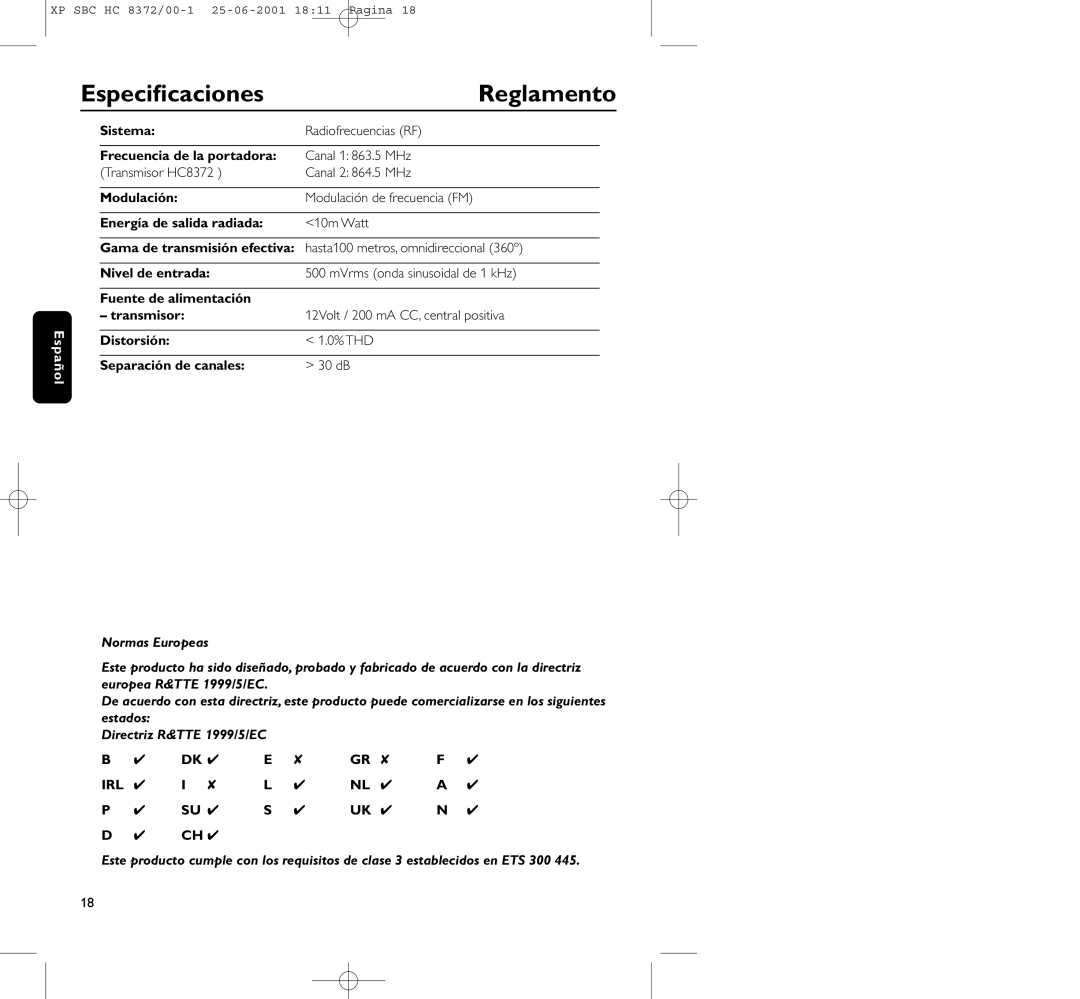 Philips HC 8372 Especiﬁcaciones Reglamento, Sistema, Frecuencia de la portadora, Modulación, Energía de salida radiada 