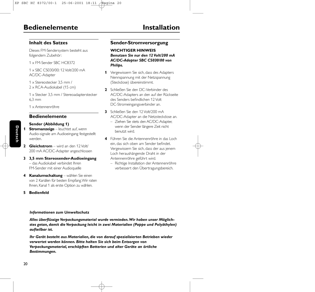 Philips HC 8372 manual BedienelementeInstallation, Inhalt des Satzes, Sender-Stromversorgung 