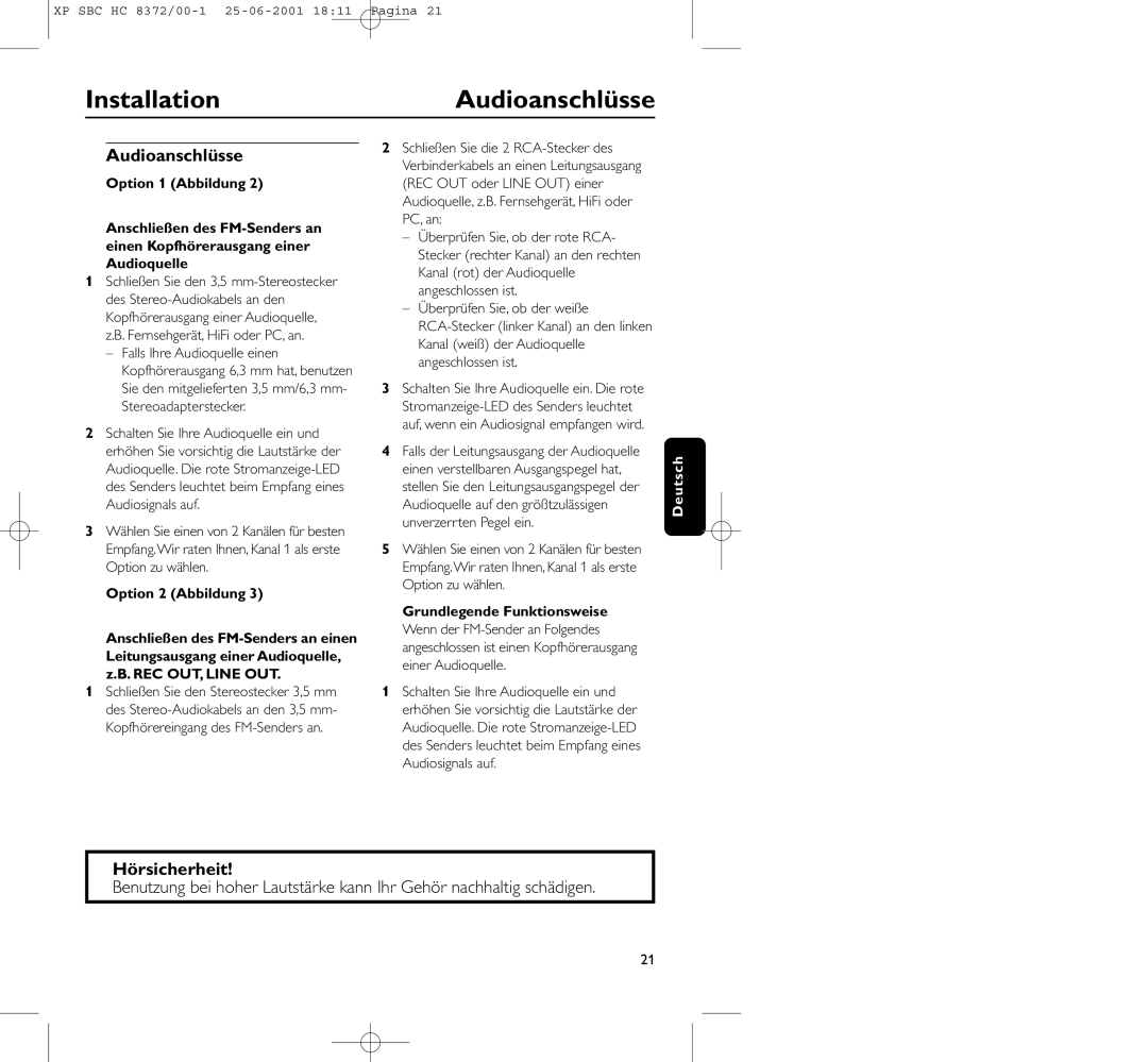 Philips HC 8372 manual InstallationAudioanschlüsse, Hörsicherheit 