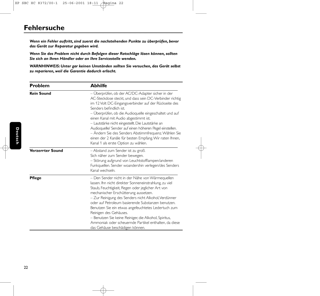 Philips HC 8372 manual Fehlersuche, Problem Abhilfe, Kein Sound, Verzerrter Sound, Pﬂege 