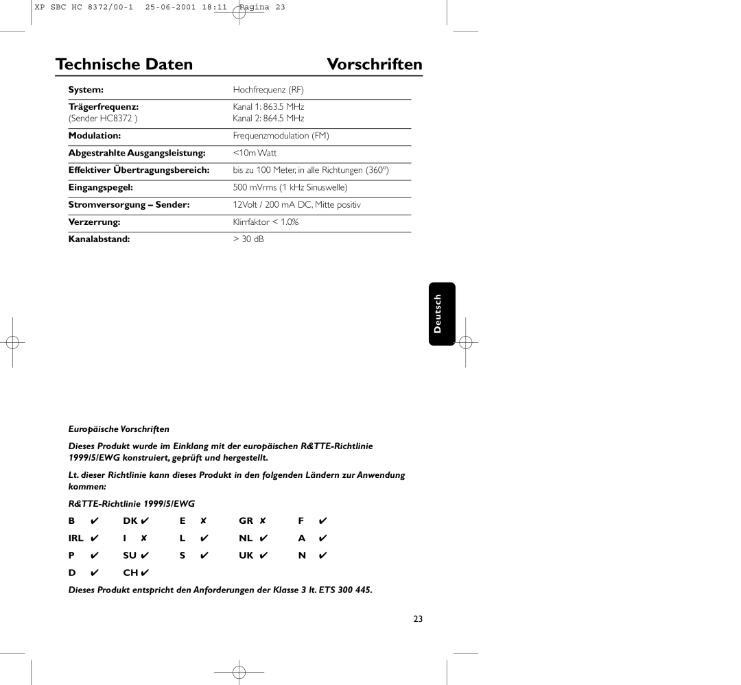 Philips HC 8372 manual Technische Daten Vorschriften 