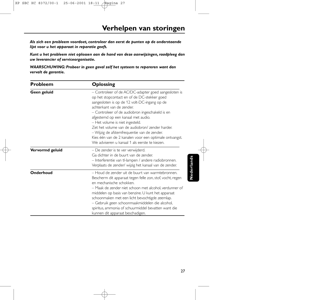 Philips HC 8372 manual Verhelpen van storingen, Probleem Oplossing, Geen geluid, Vervormd geluid, Onderhoud 