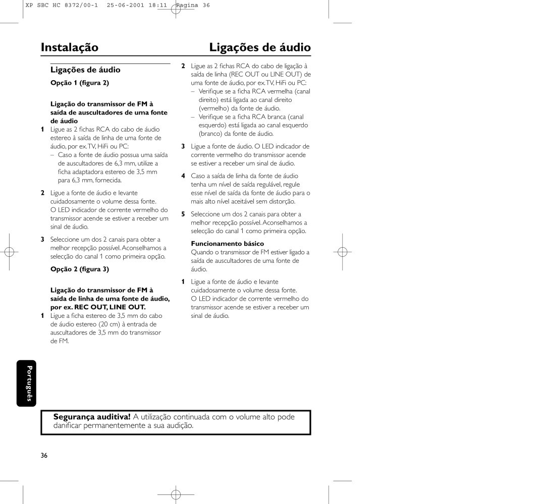 Philips HC 8372 manual Instalação, Ligações de áudio, Funcionamento básico 