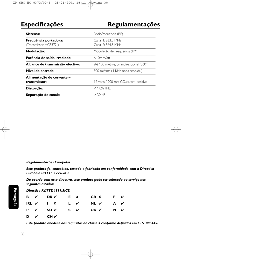 Philips HC 8372 manual Especiﬁcações, Regulamentações 