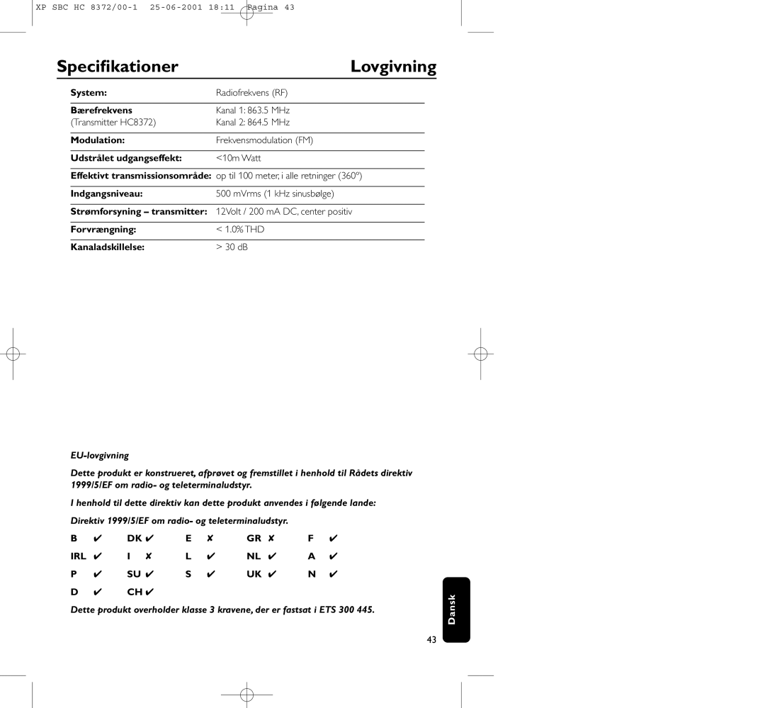 Philips HC 8372 manual Speciﬁkationer, Lovgivning 