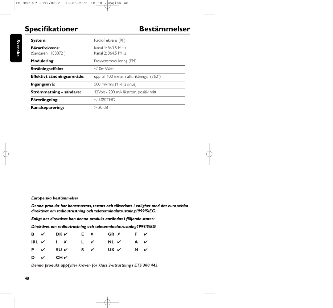 Philips HC 8372 manual Speciﬁkationer Bestämmelser 