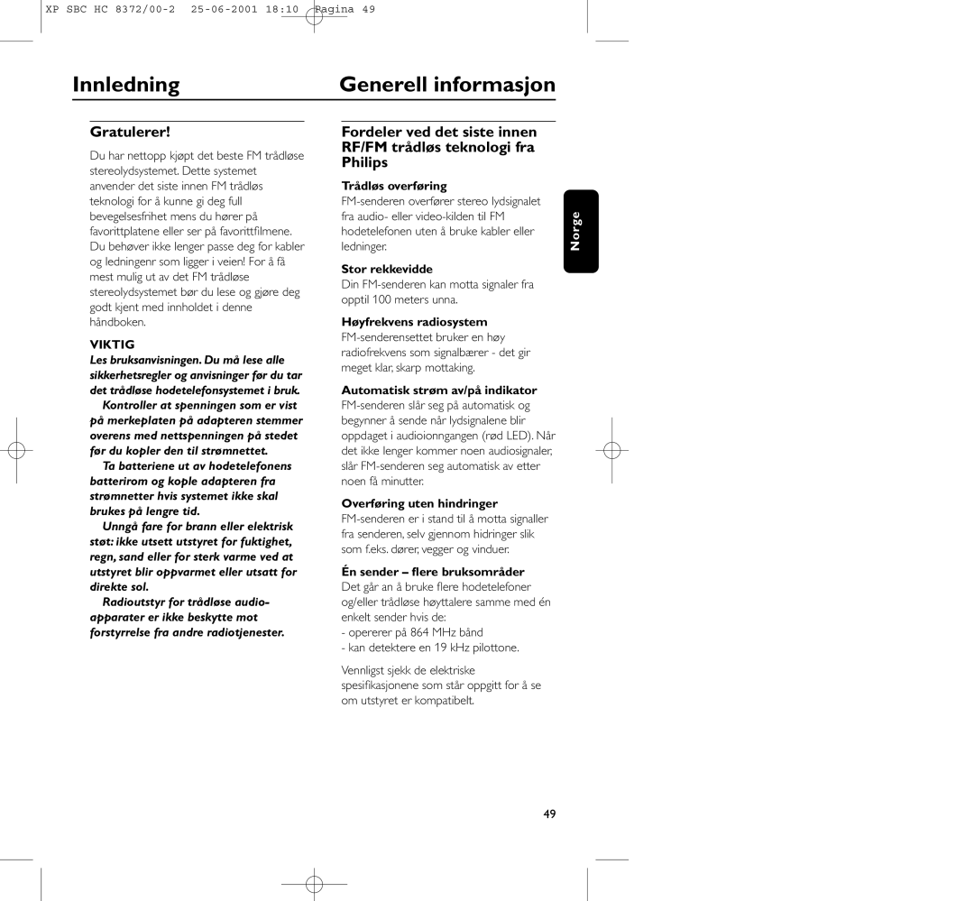 Philips HC 8372 manual Innledning Generell informasjon, Gratulerer, Viktig 