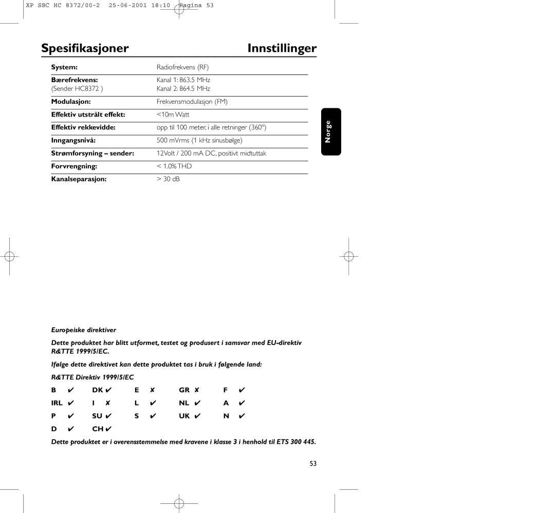 Philips HC 8372 manual Spesiﬁkasjoner Innstillinger 