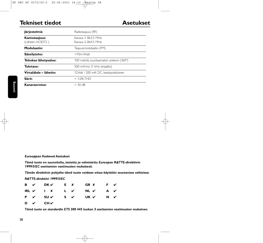 Philips HC 8372 manual Tekniset tiedot, Asetukset 