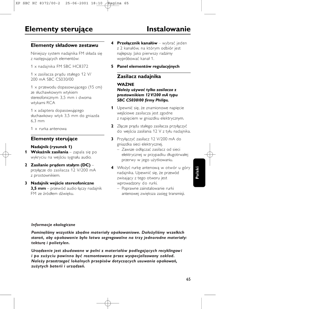 Philips HC 8372 manual Elementy sterujące Instalowanie, Elementy składowe zestawu, Zasilacz nadajnika, Nadajnik rysunek 