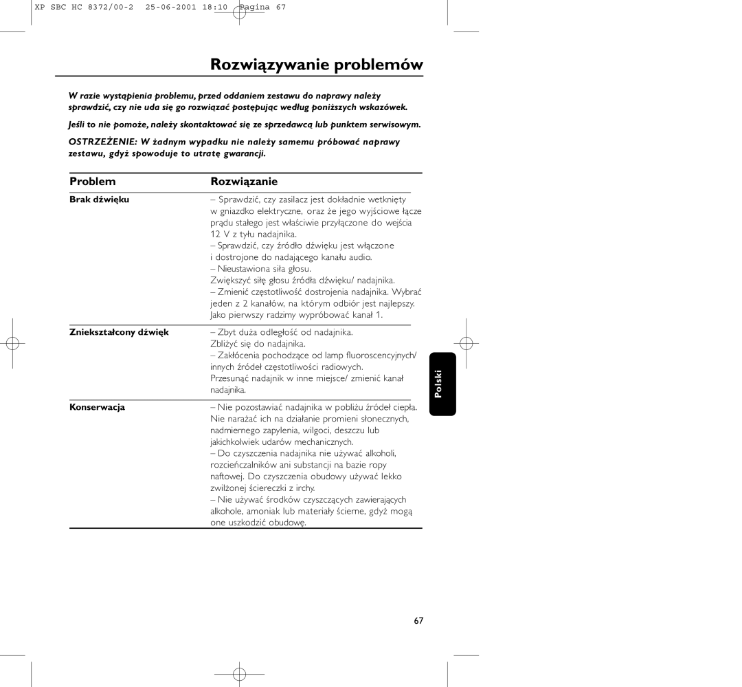 Philips HC 8372 manual Rozwiązywanie problemów, Problem Rozwiązanie, Brak dźwięku, Zniekształcony dźwięk, Konserwacja 