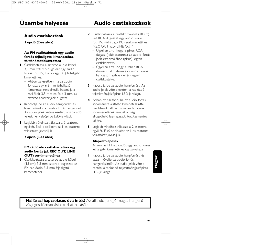 Philips HC 8372 manual Üzembe helyezés, Audio csatlakozások, Alapvetőlépések 