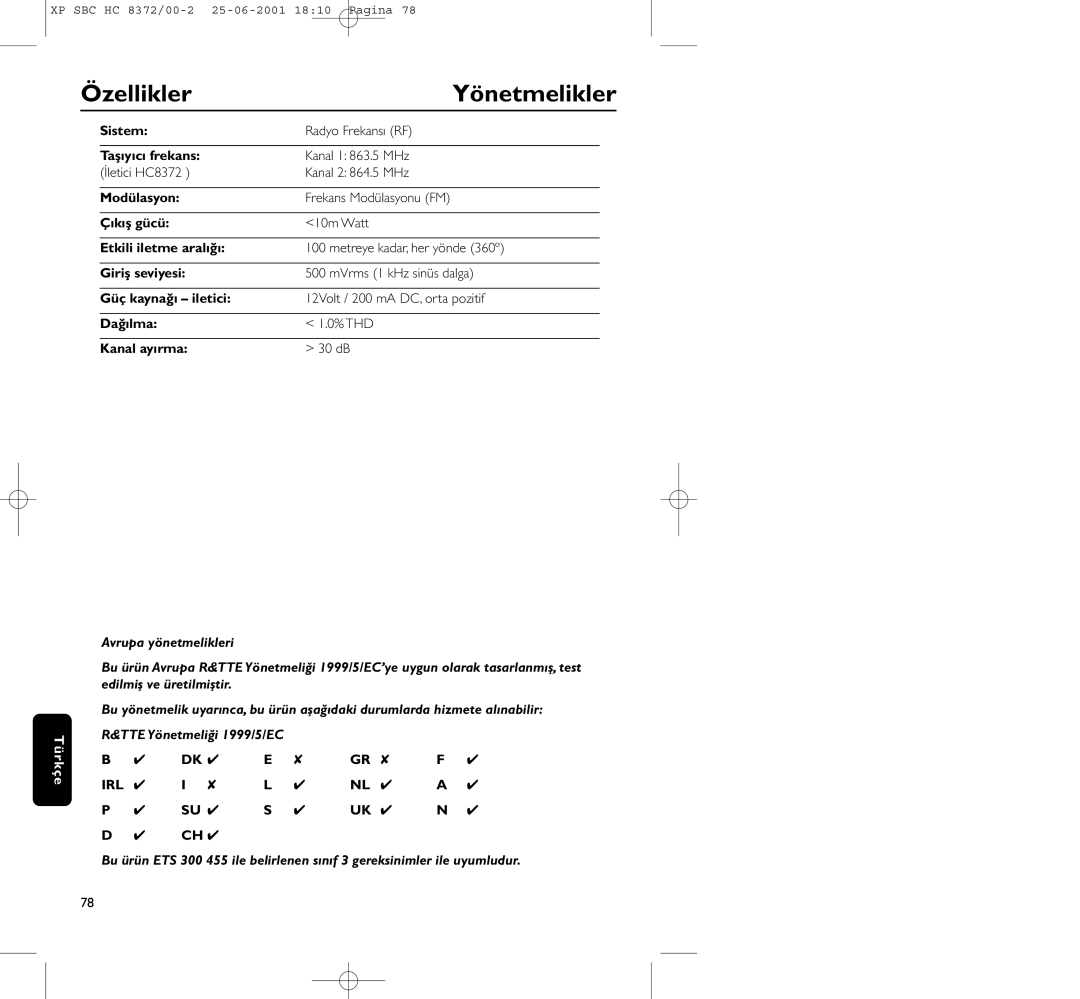 Philips HC 8372 manual Özellikler Yönetmelikler 