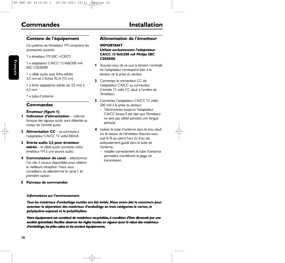 Philips HC 8372 manual CommandesInstallation, Contenu de léquipement, Alimentation de lémetteur, Émetteur ﬁgure 
