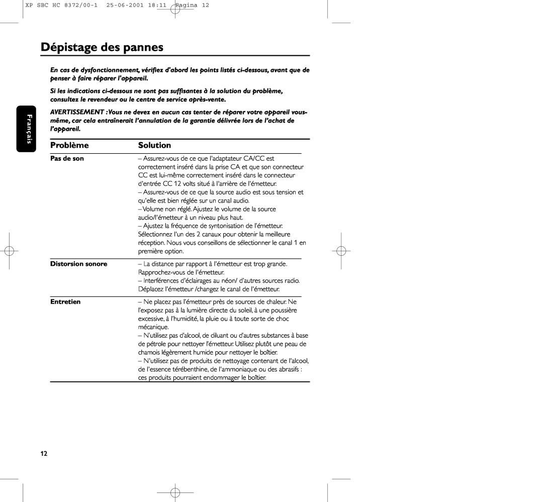 Philips HC 8372 manual Dépistage des pannes, Problème, Solution, Pas de son, Distorsion sonore, Entretien 