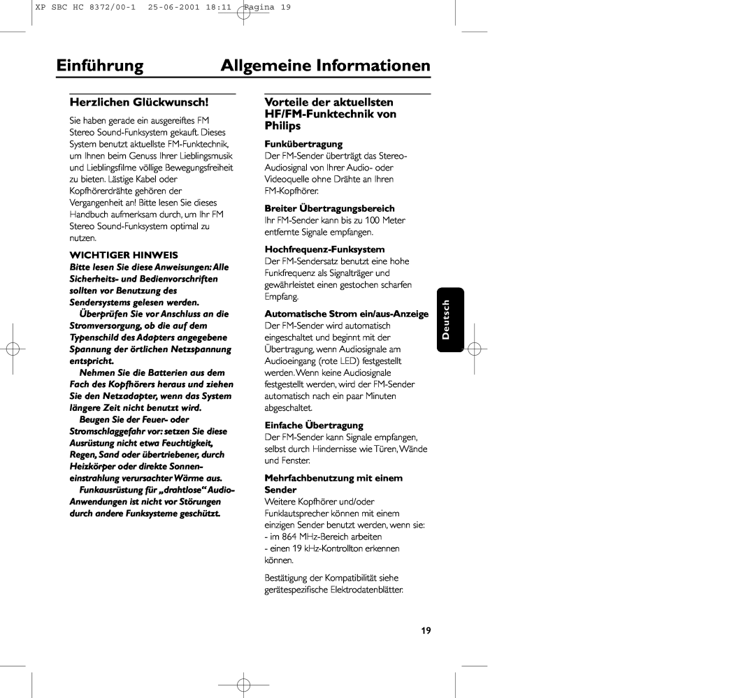 Philips HC 8372 manual Einführung, Allgemeine Informationen, Herzlichen Glückwunsch, Wichtiger Hinweis, Funkübertragung 