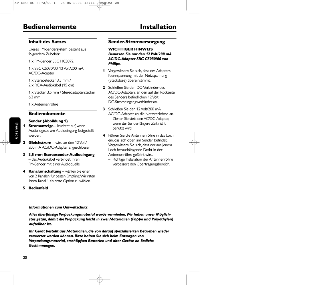 Philips HC 8372 manual BedienelementeInstallation, Inhalt des Satzes, Sender-Stromversorgung, Sender Abbildung, 5Bedienfeld 