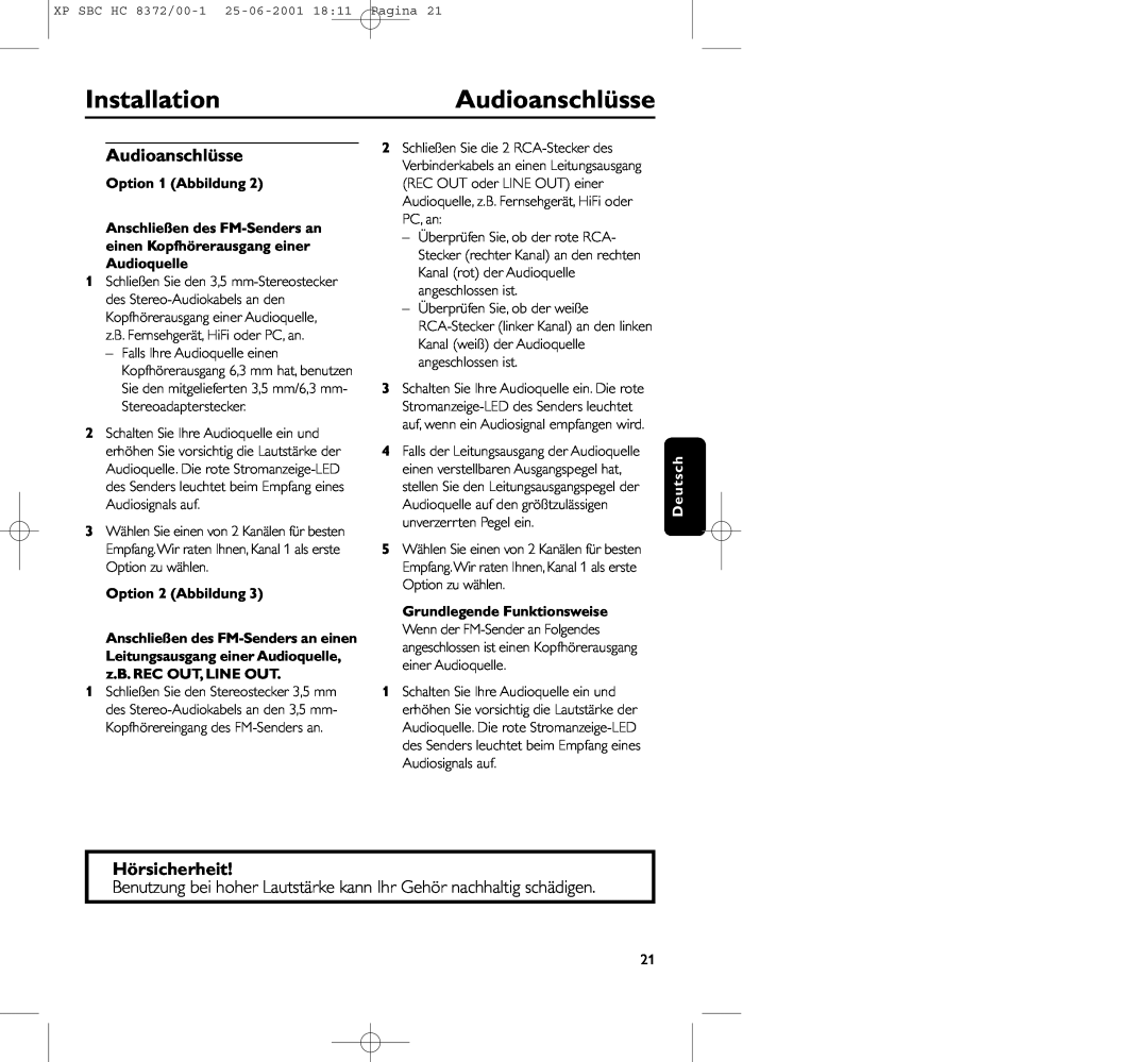 Philips HC 8372 manual InstallationAudioanschlüsse, Hörsicherheit, Option 1 Abbildung, Option 2 Abbildung 