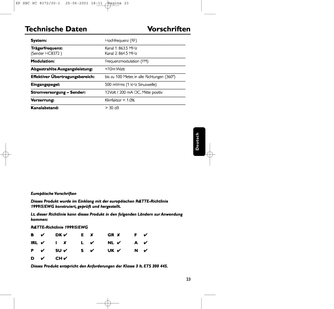 Philips HC 8372 manual Technische Daten, Vorschriften, System, Trägerfrequenz, Modulation, Abgestrahlte Ausgangsleistung 