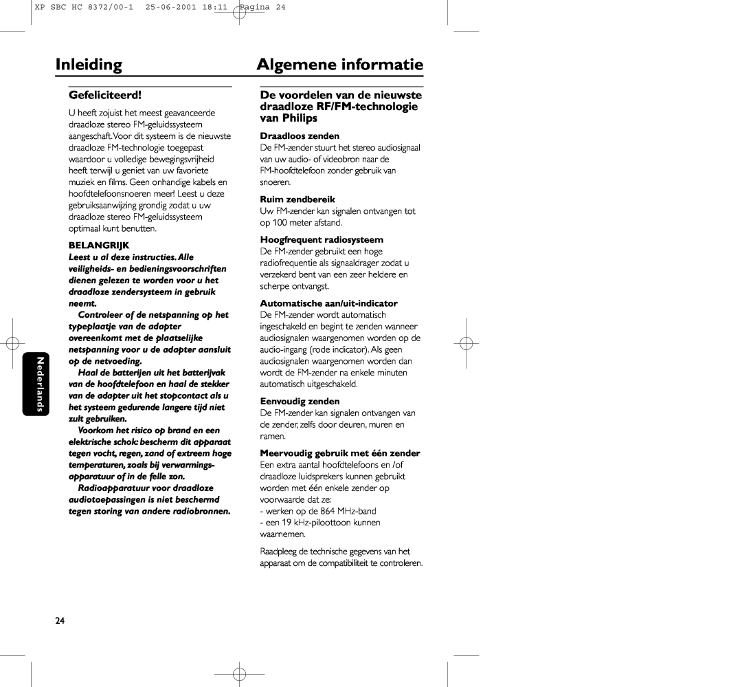 Philips HC 8372 manual Inleiding, Algemene informatie, Gefeliciteerd, Belangrijk, Draadloos zenden, Ruim zendbereik 