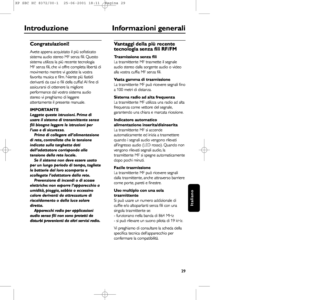 Philips HC 8372 manual Introduzione, Informazioni generali, Congratulazioni, Importante, Trasmissione senza ﬁli 